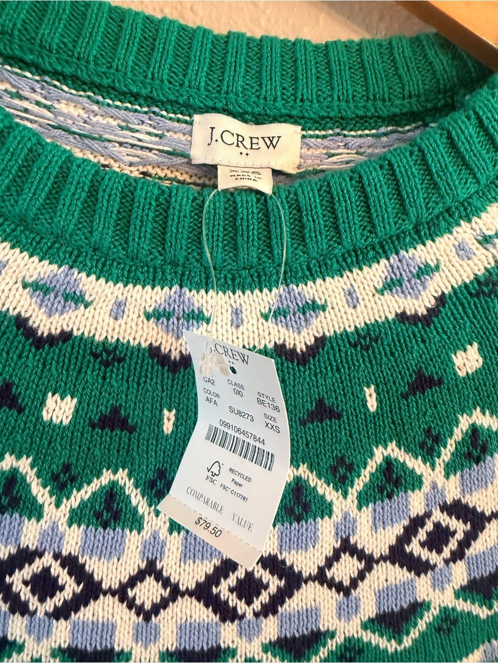 NWT J. Crew Fair Isle Cotton Green Sweater XXS - Picture 3 of 7